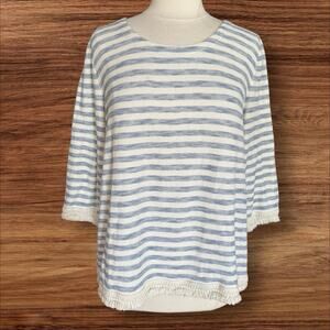 J Jill Tunic Top Sz L 3/4 Sleeve 100% Cotton Ivory and Denim Blue Stripe Fringed